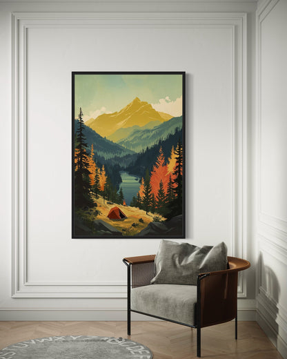 Mountain Lake Landscape Camping Tent Framed Canvas Wall Art