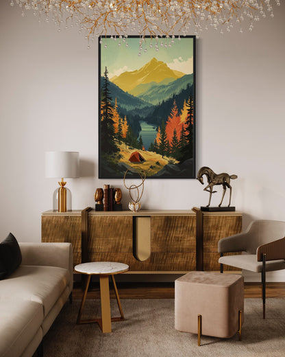 Mountain Lake Landscape Camping Tent Framed Canvas Wall Art
