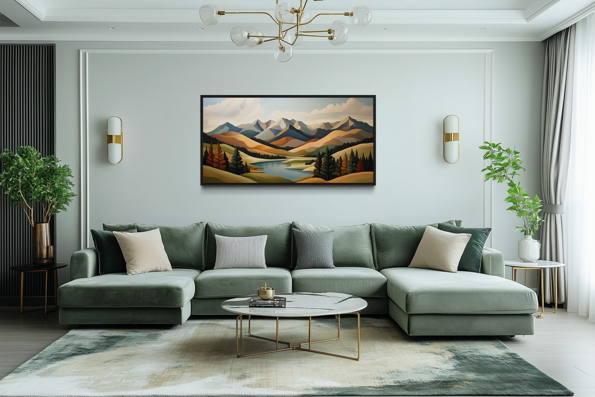 Mountain Lake Wall Art - Mid Century Modern Green Brown Canvas Print for Living Room