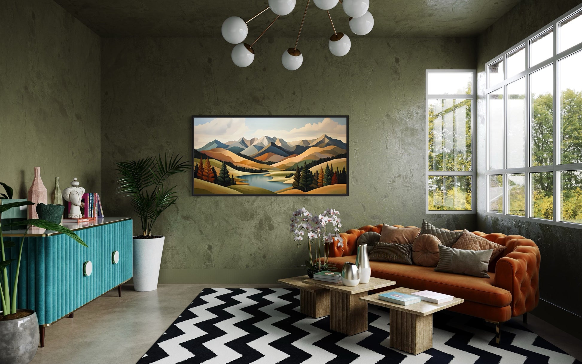 Mountain Lake Wall Art - Mid Century Modern Green Brown Canvas Print for Living Room