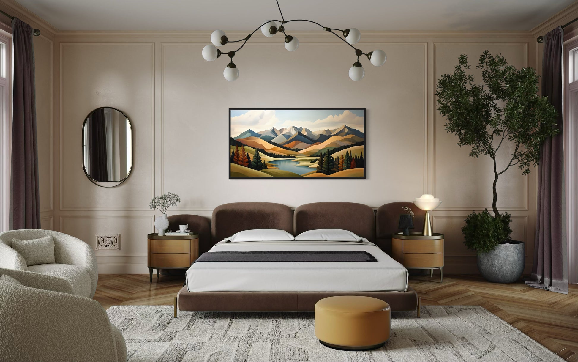 Mountain Lake Wall Art - Mid Century Modern Green Brown Canvas Print for Living Room