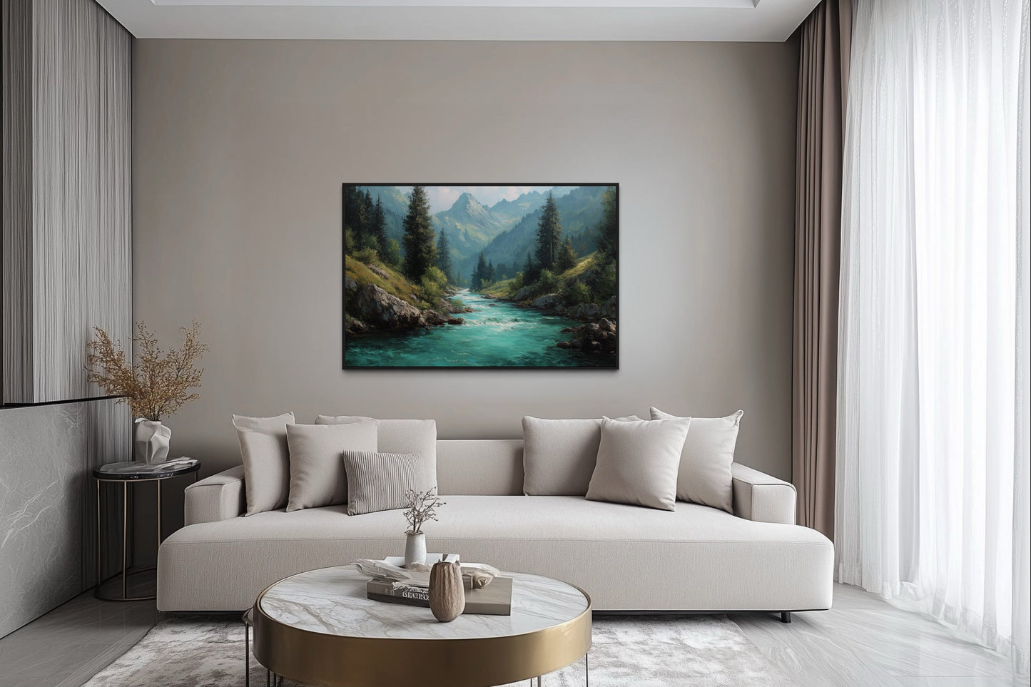 Mountain River Forest Landscape Nature Framed Canvas Wall Art