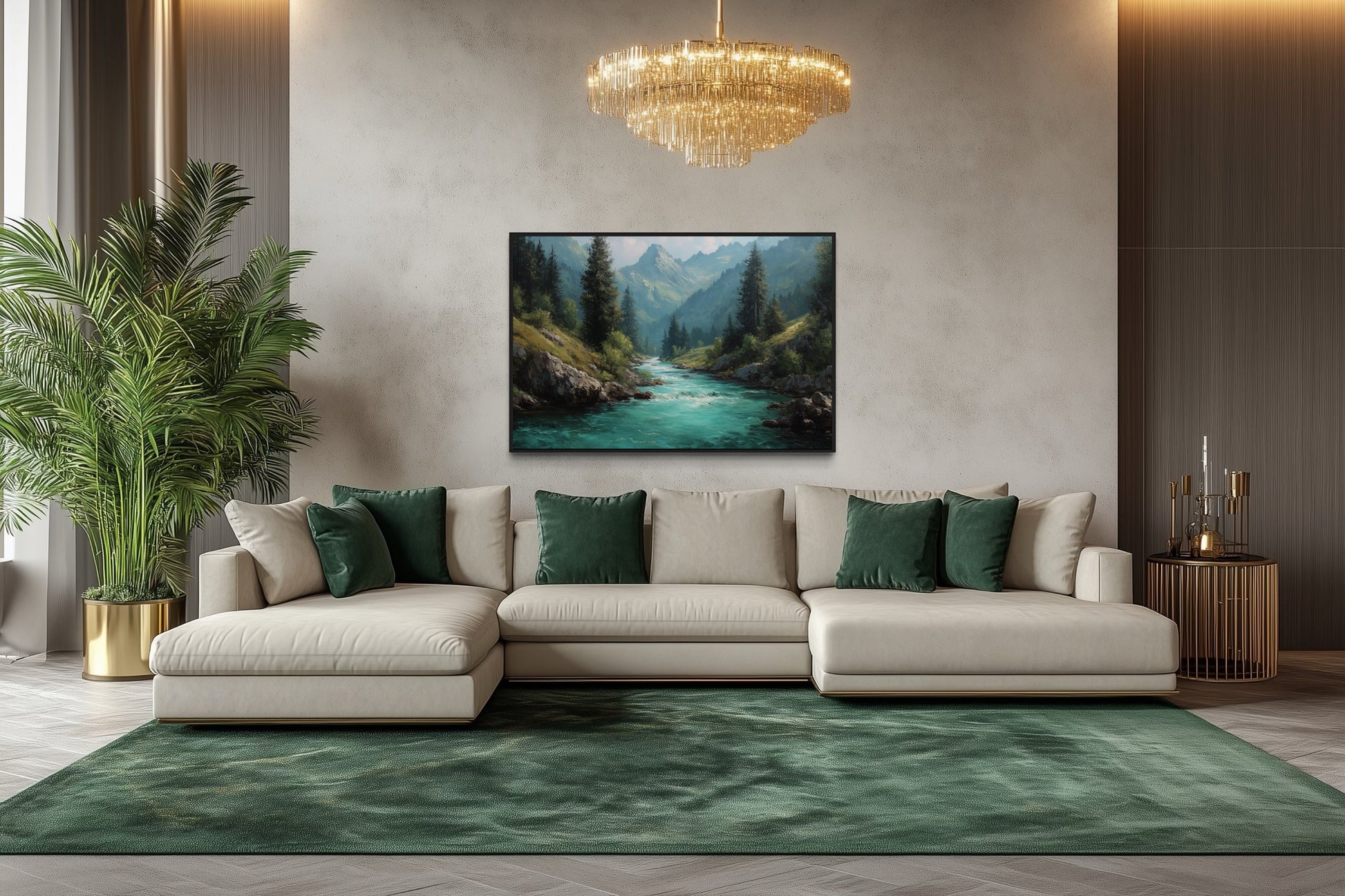 Mountain River Forest Landscape Nature Framed Canvas Wall Art
