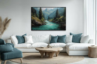 Mountain River Forest Landscape Nature Framed Canvas Wall Art