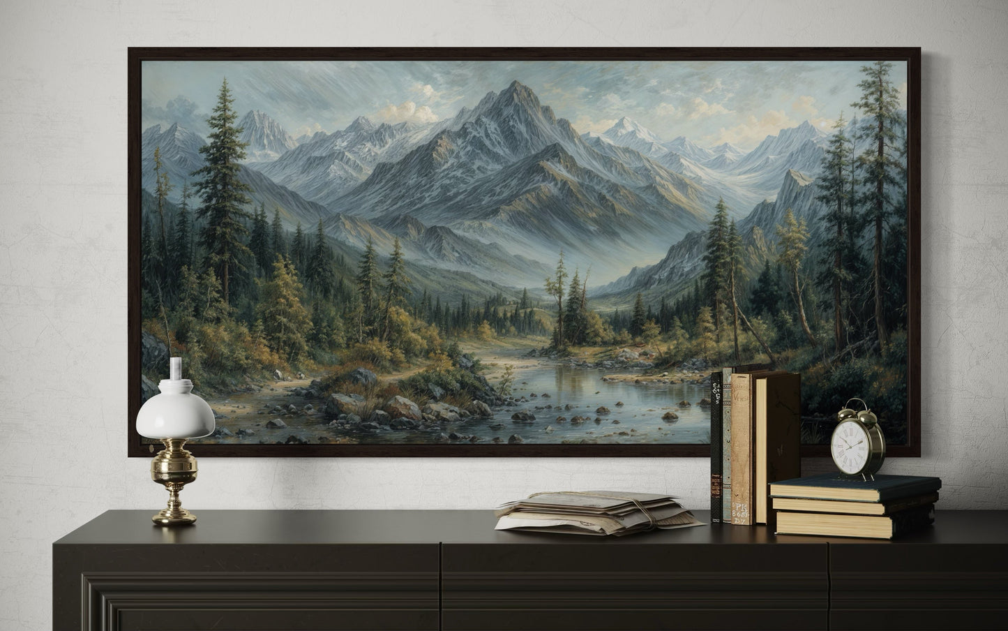 Mountain River Landscape Framed Canvas Art – Rustic Cabin Decor, Antique Style Print
