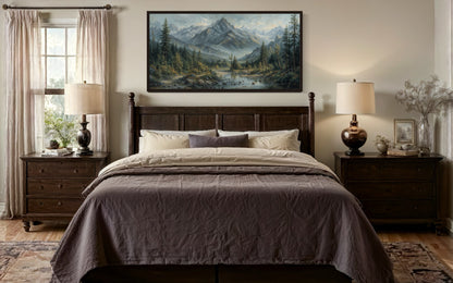 Mountain River Landscape Framed Canvas Art – Rustic Cabin Decor, Antique Style Print