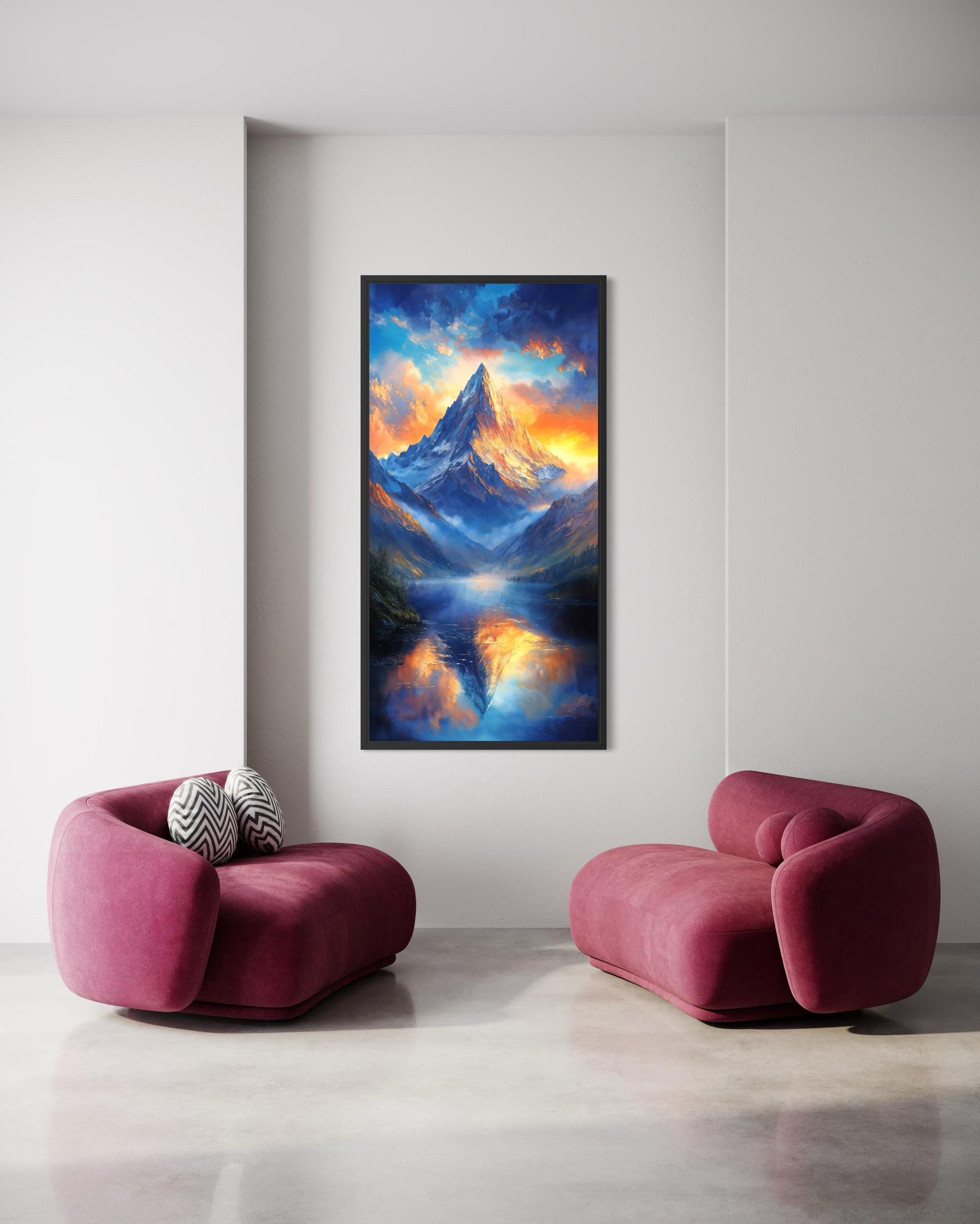 Mountain Sunset Wall Art – Vertical Landscape Canvas Print with Blue Orange Sky Reflection