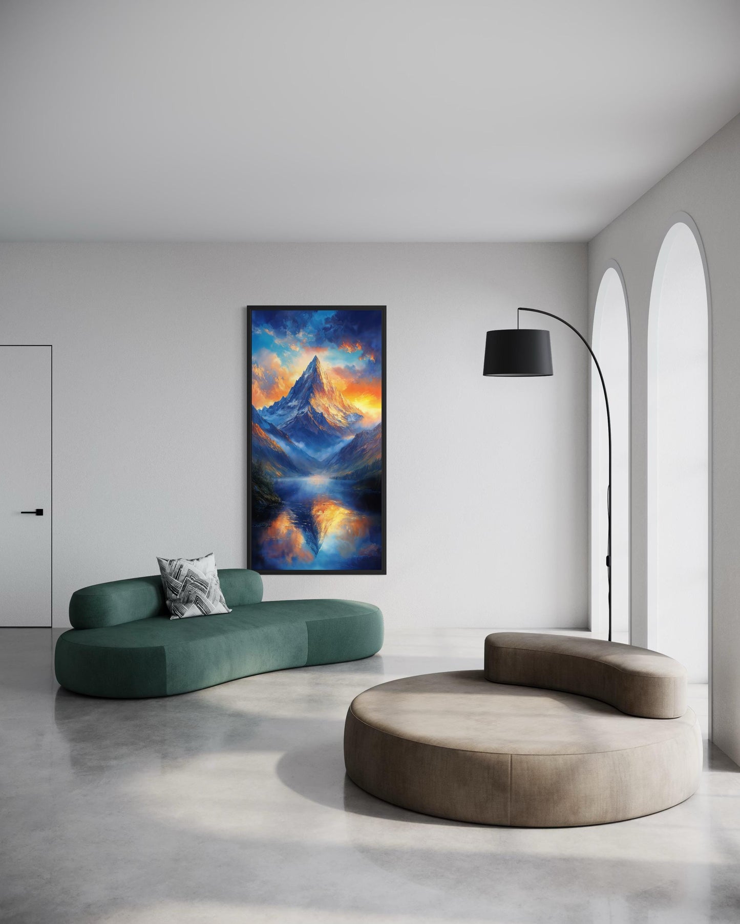 Mountain Sunset Wall Art – Vertical Landscape Canvas Print with Blue Orange Sky Reflection