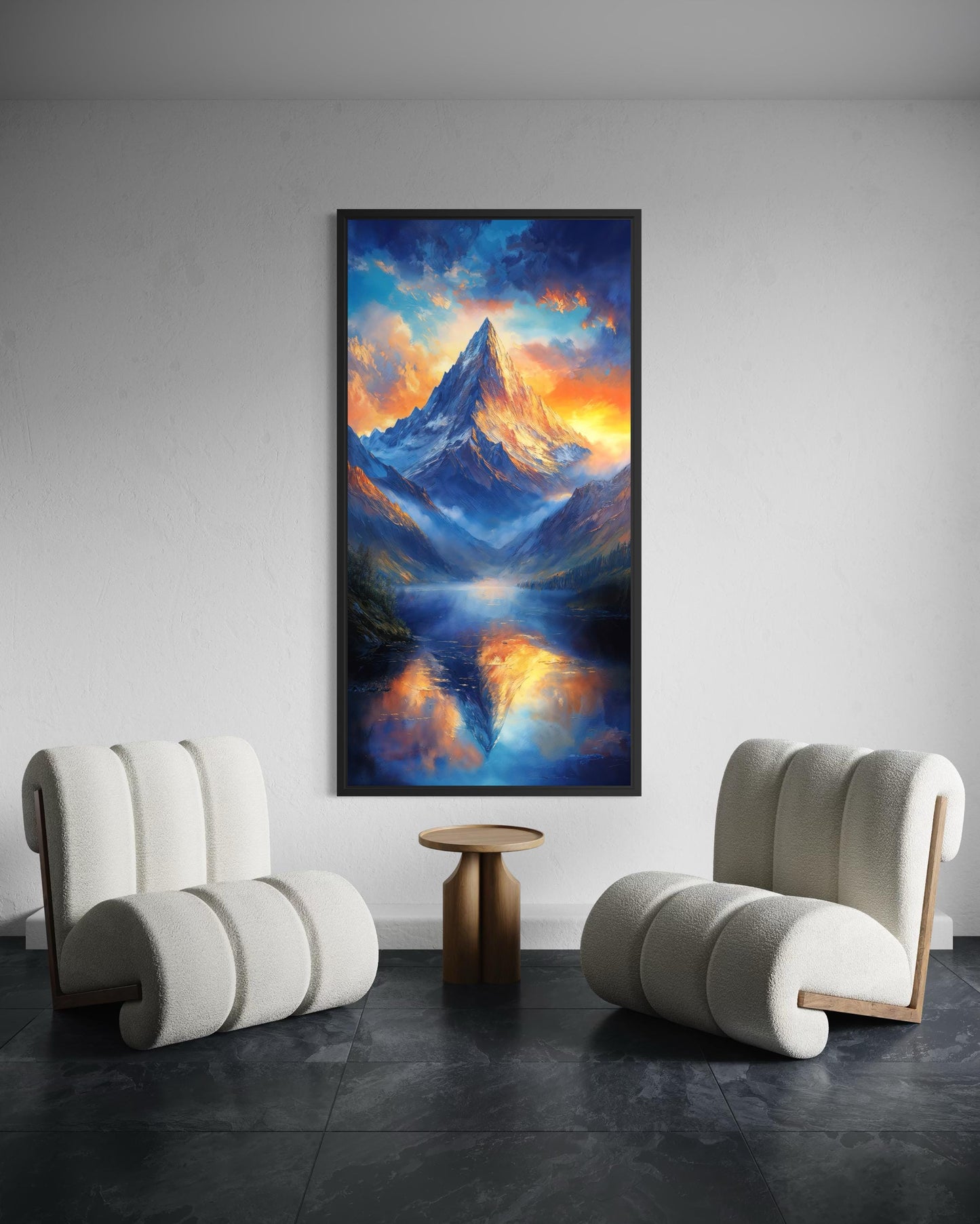Mountain Sunset Wall Art – Vertical Landscape Canvas Print with Blue Orange Sky Reflection