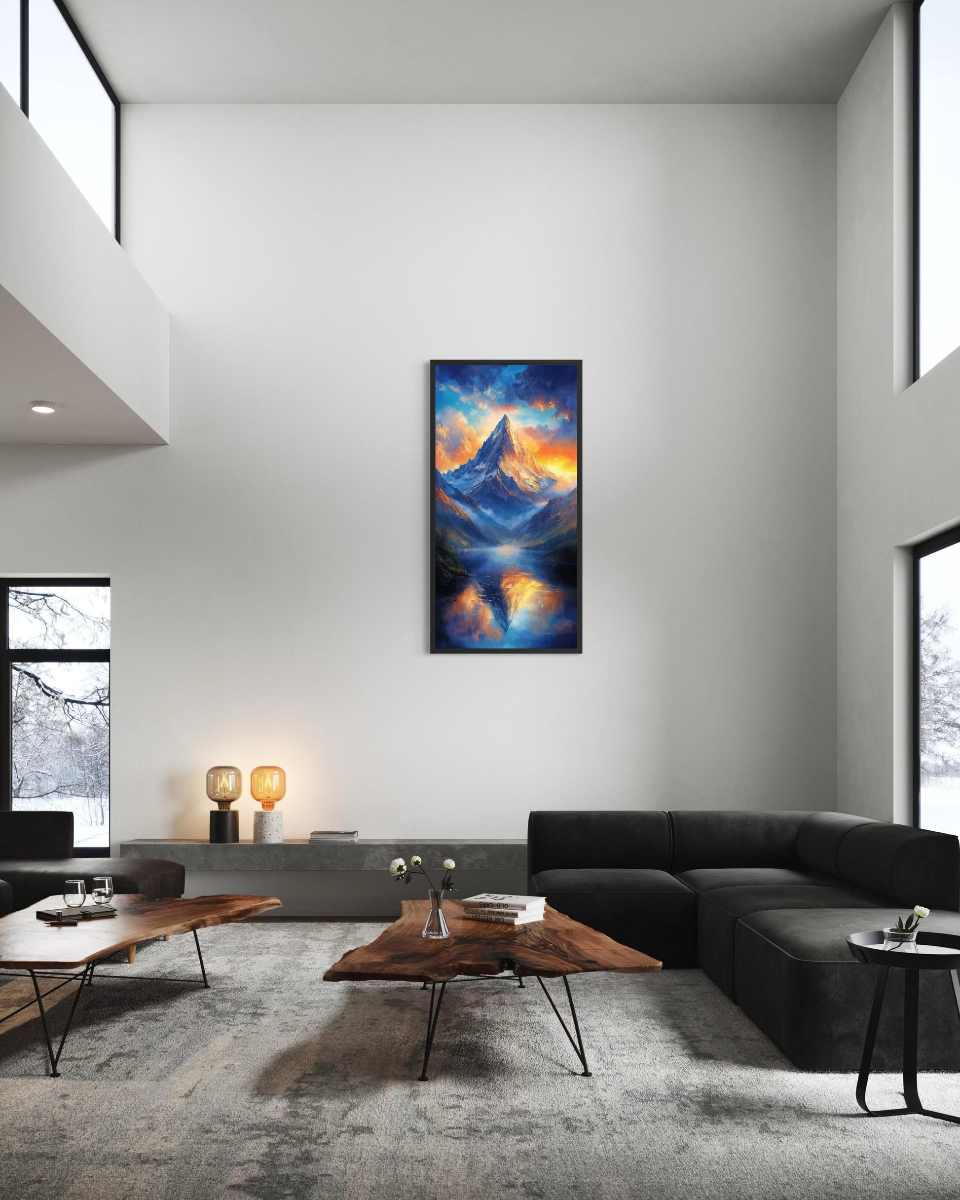 Mountain Sunset Wall Art – Vertical Landscape Canvas Print with Blue Orange Sky Reflection