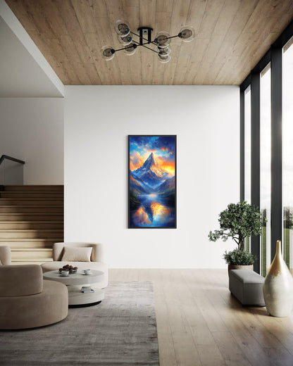 Mountain Sunset Wall Art – Vertical Landscape Canvas Print with Blue Orange Sky Reflection