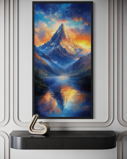 Mountain Sunset Wall Art – Vertical Landscape Canvas Print with Blue Orange Sky Reflection