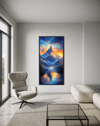 Mountain Sunset Wall Art – Vertical Landscape Canvas Print with Blue Orange Sky Reflection