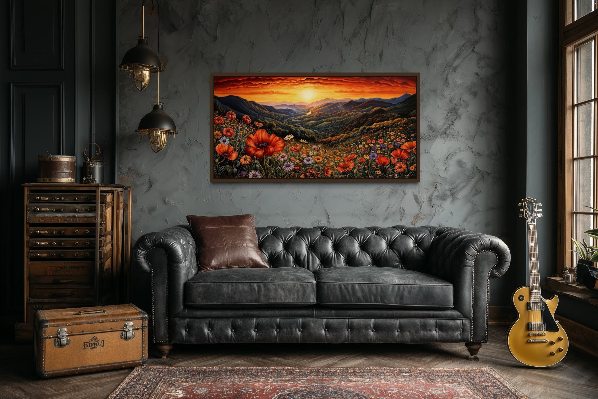 Mountain Valley Flowers Sunset Landscape Framed Canvas Wall Art