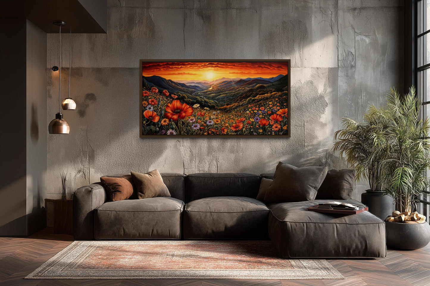 Mountain Valley Flowers Sunset Landscape Framed Canvas Wall Art