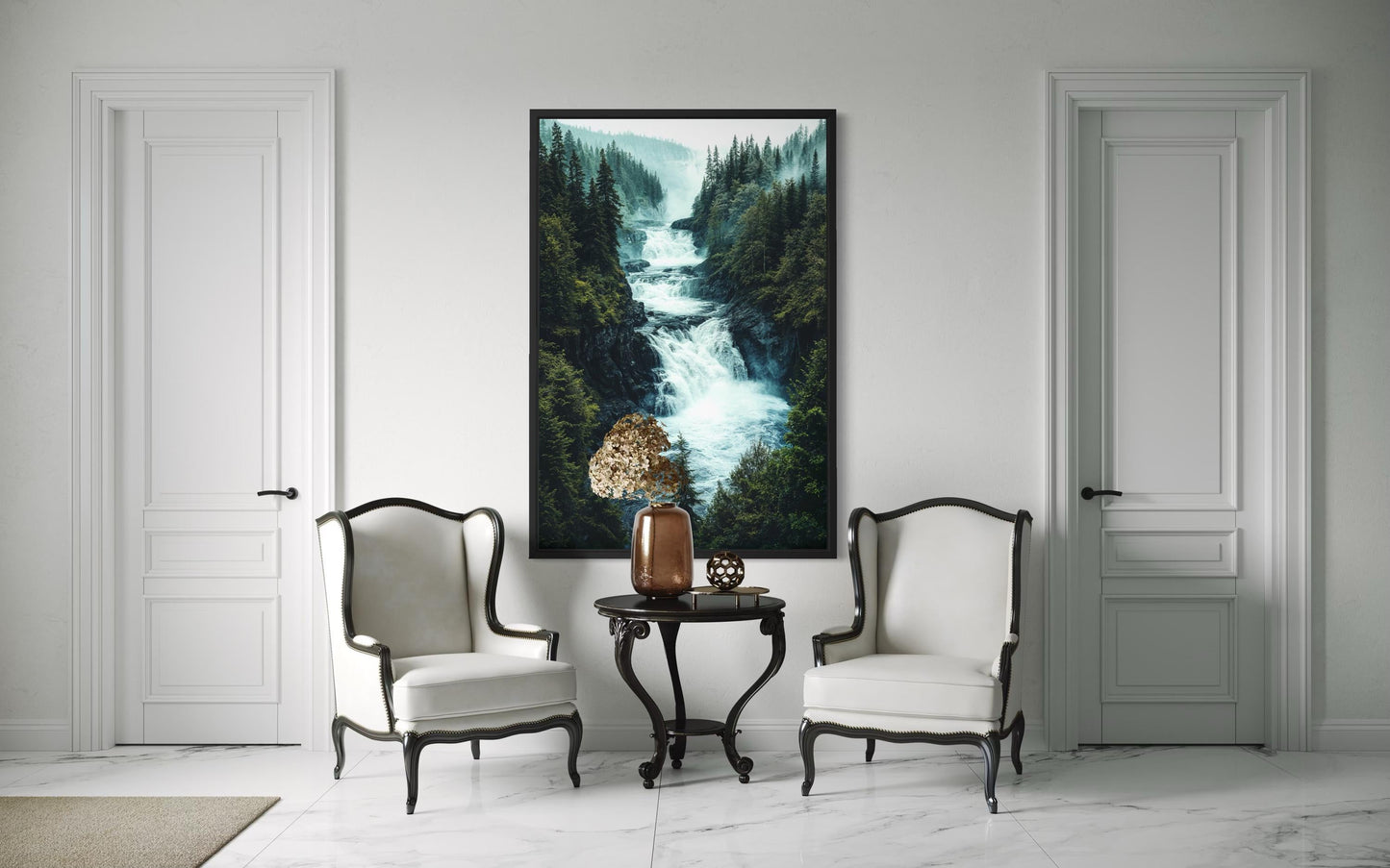 Mountain Waterfall Wall Art – Rushing River Canvas Print With Pine Forest Painting