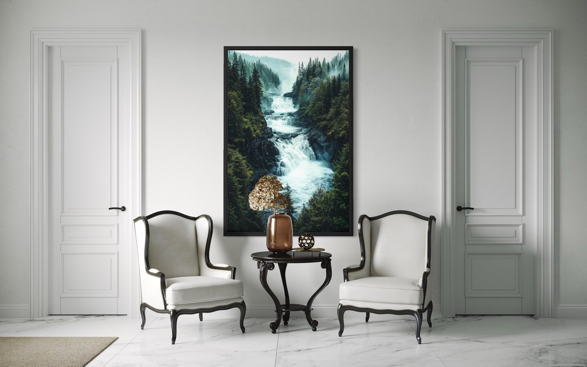 Mountain Waterfall Wall Art – Rushing River Canvas Print With Pine Forest Painting