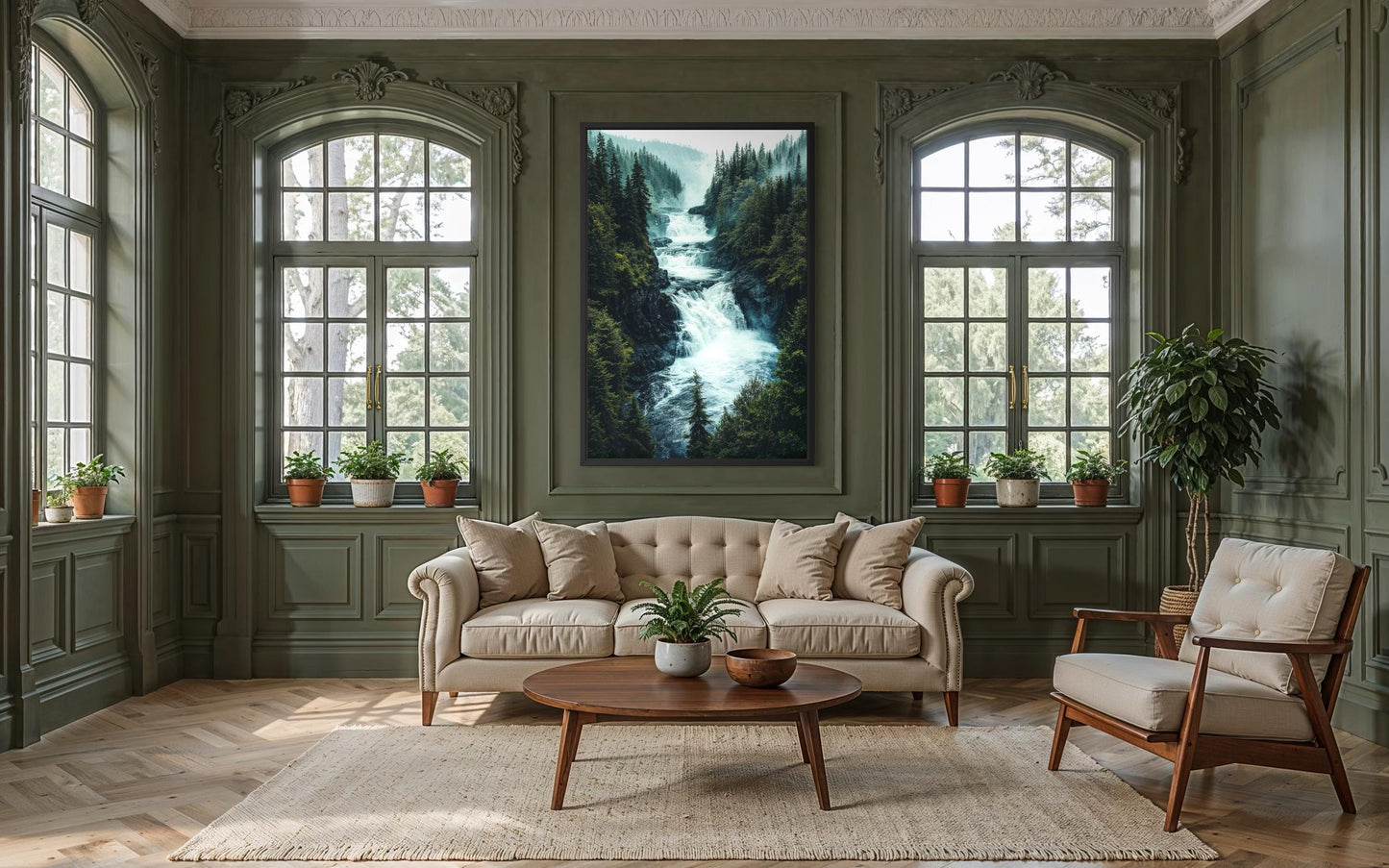 Mountain Waterfall Wall Art – Rushing River Canvas Print With Pine Forest Painting
