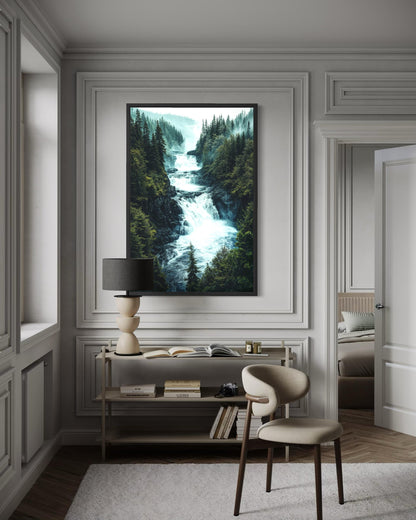 Mountain Waterfall Wall Art – Rushing River Canvas Print With Pine Forest Painting