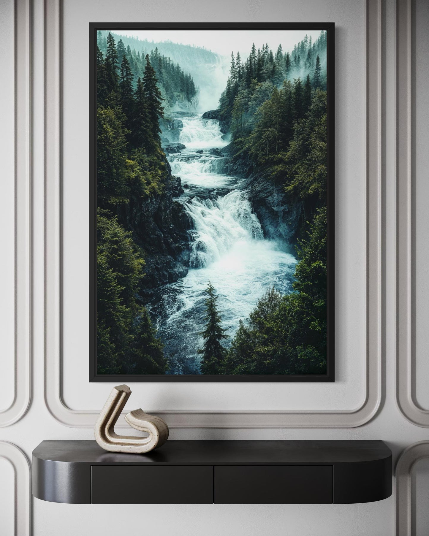 Mountain Waterfall Wall Art – Rushing River Canvas Print With Pine Forest Painting