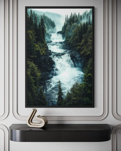 Mountain Waterfall Wall Art – Rushing River Canvas Print With Pine Forest Painting