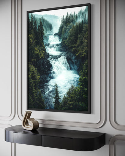 Mountain Waterfall Wall Art – Rushing River Canvas Print With Pine Forest Painting