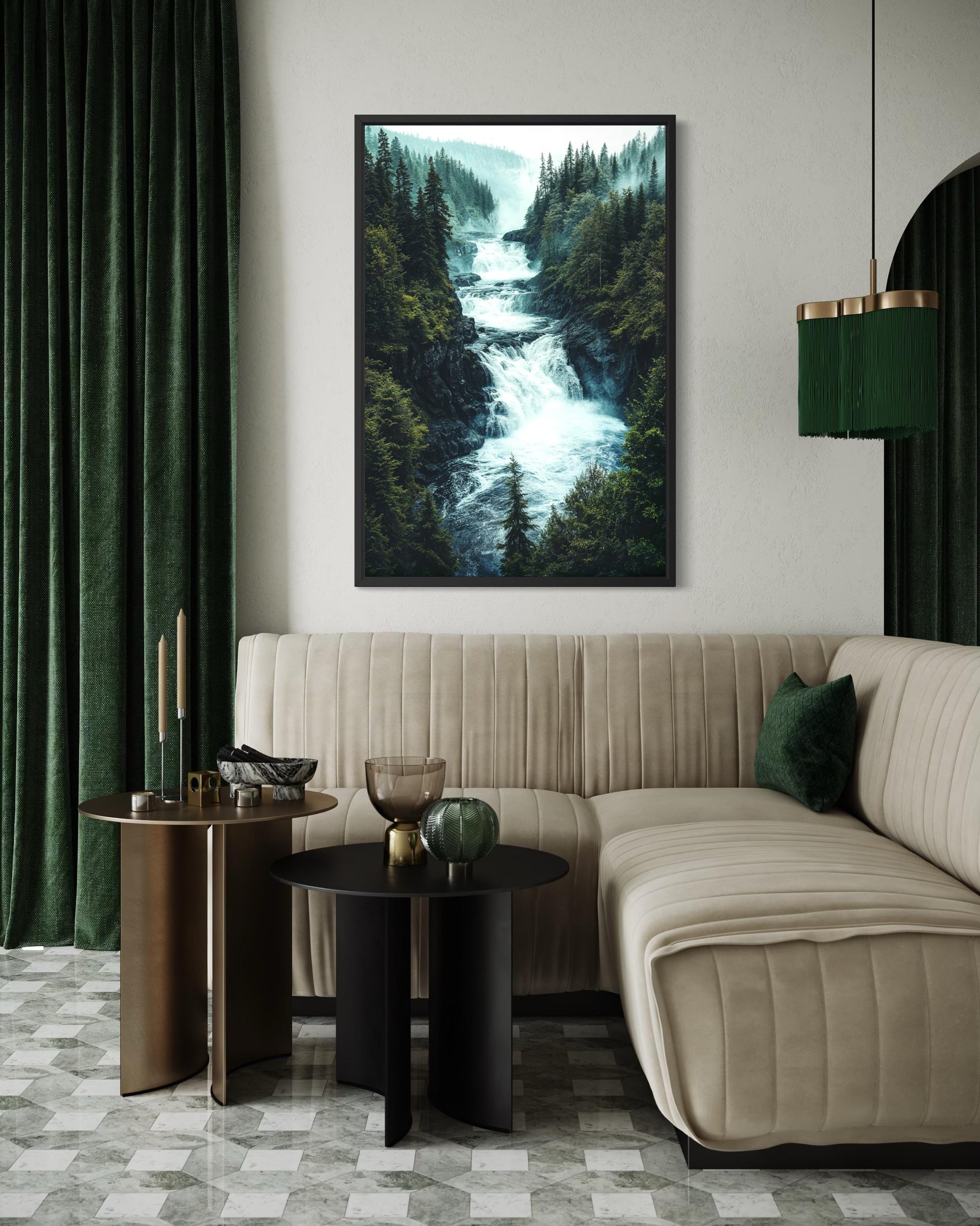 Mountain Waterfall Wall Art – Rushing River Canvas Print With Pine Forest Painting