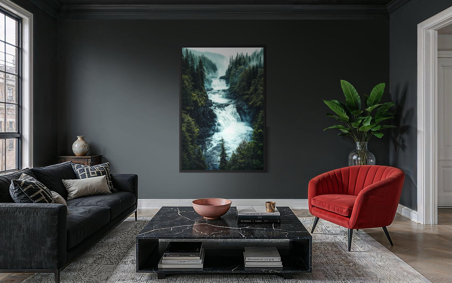 Mountain Waterfall Wall Art – Rushing River Canvas Print With Pine Forest Painting