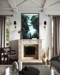 Mountain Waterfall Wall Art – Rushing River Canvas Print With Pine Forest Painting