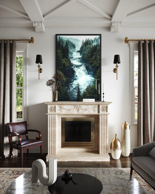 Mountain Waterfall Wall Art – Rushing River Canvas Print With Pine Forest Painting