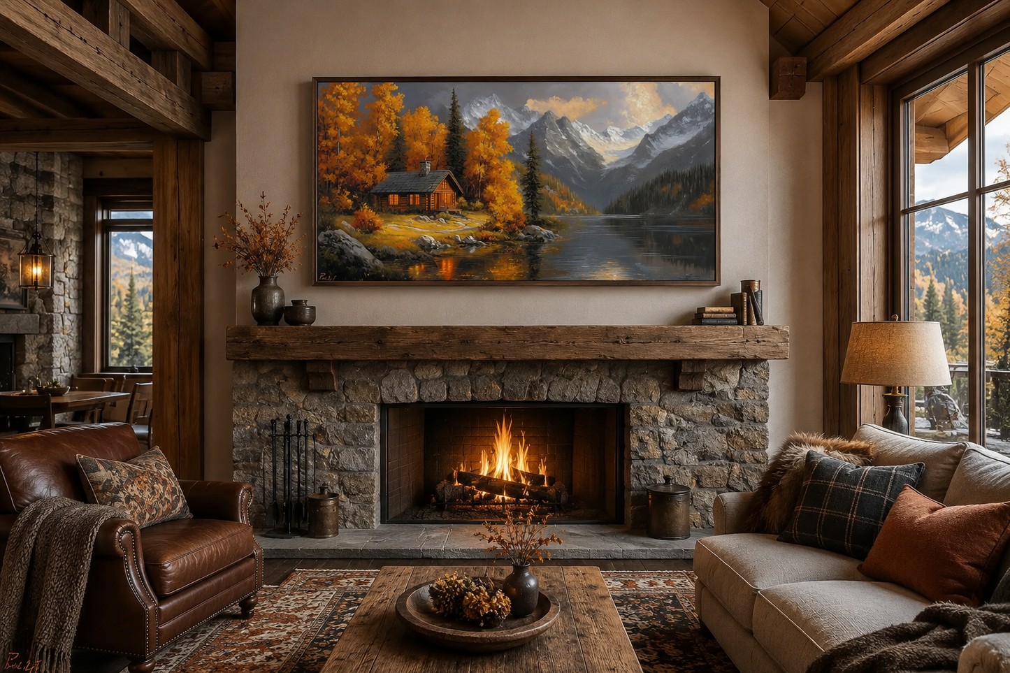 Mountain Cabin Wall Art – Rustic Cabin Canvas With Warm Autumn Colors