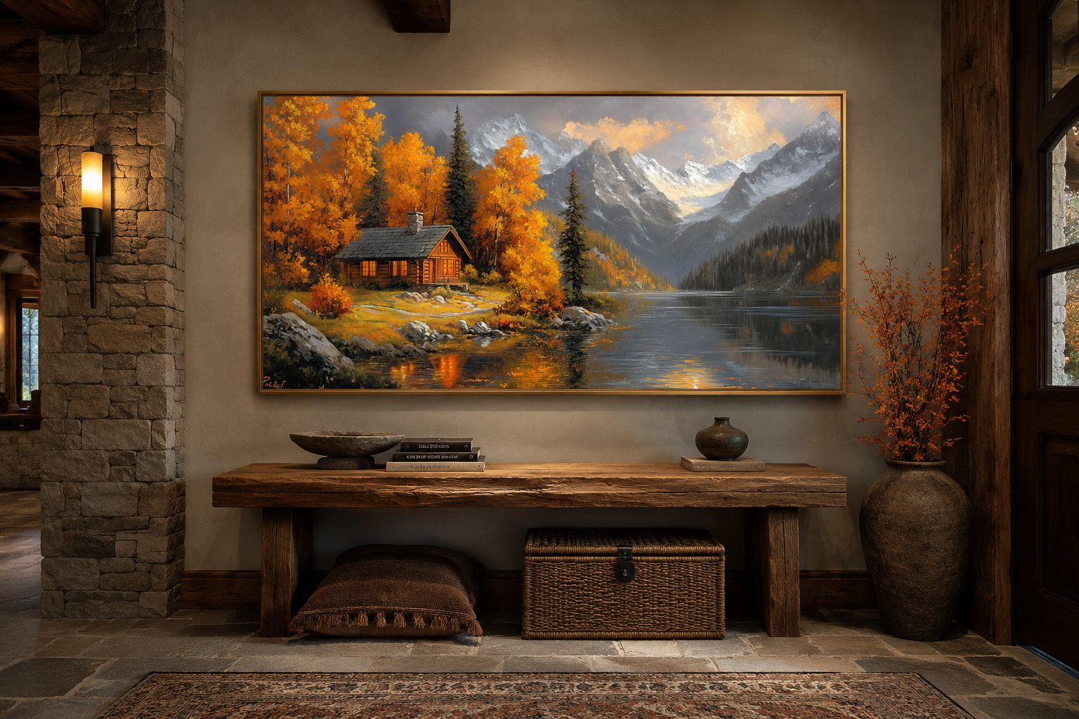 Mountain Cabin Wall Art – Rustic Cabin Canvas With Warm Autumn Colors