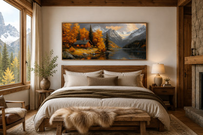 Mountain Cabin Wall Art – Rustic Cabin Canvas With Warm Autumn Colors