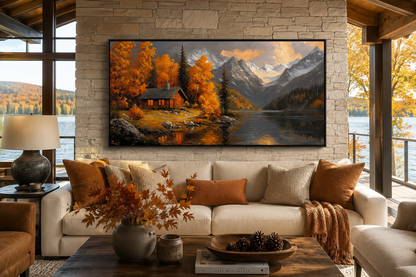 Mountain Cabin Wall Art – Rustic Cabin Canvas With Warm Autumn Colors