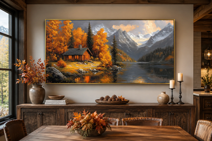 Mountain Cabin Wall Art – Rustic Cabin Canvas With Warm Autumn Colors