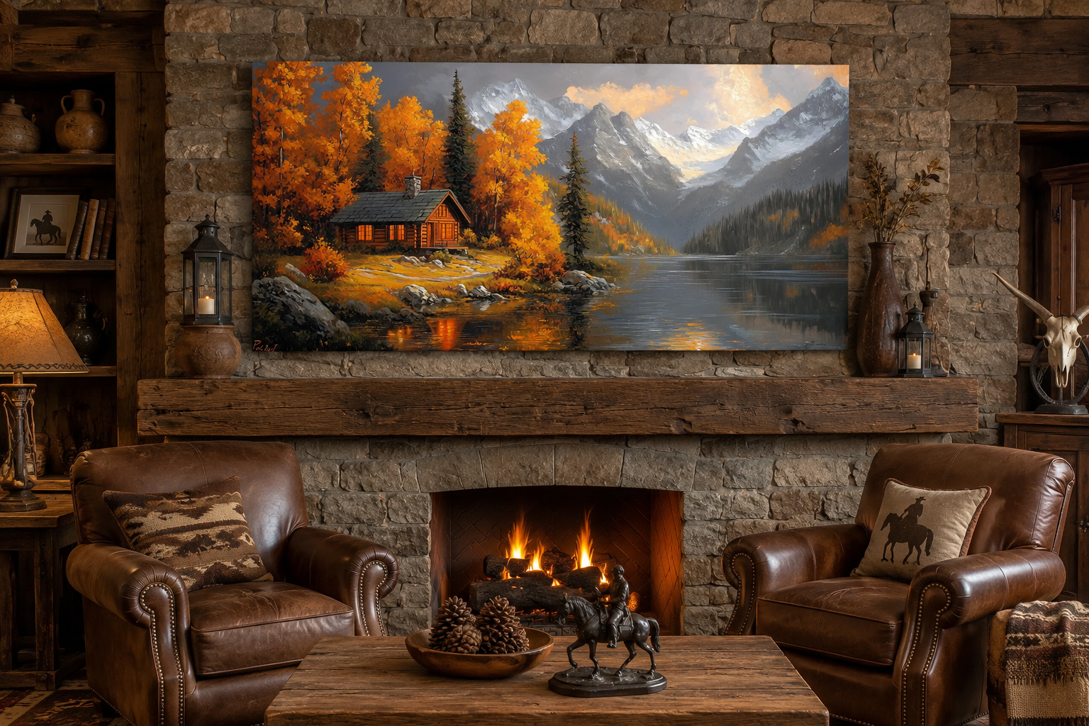 Mountain Cabin Wall Art – Rustic Cabin Canvas With Warm Autumn Colors