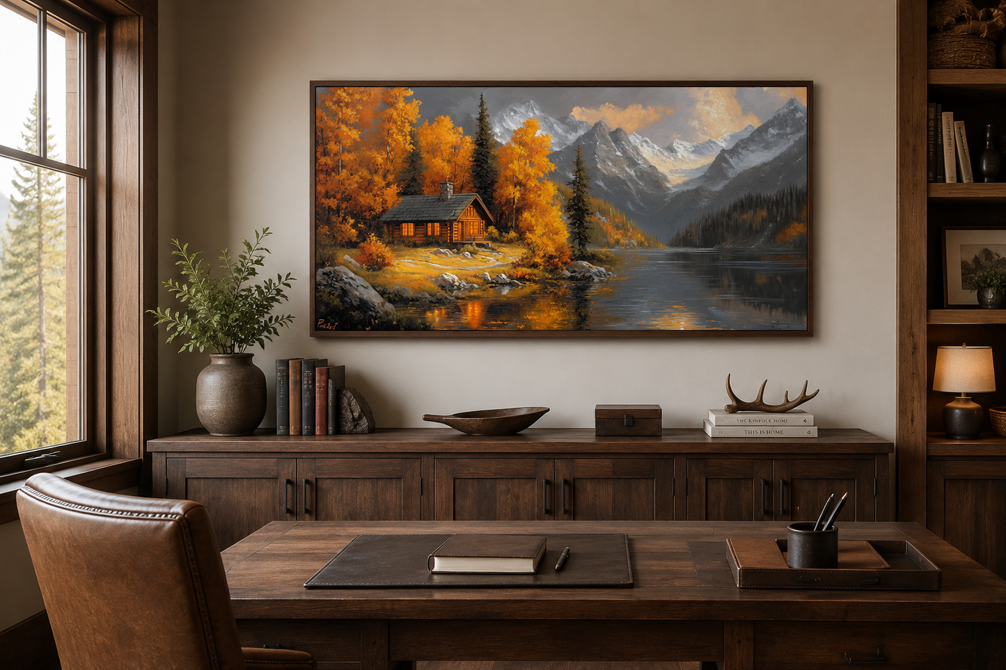 Mountain Cabin Wall Art – Rustic Cabin Canvas With Warm Autumn Colors