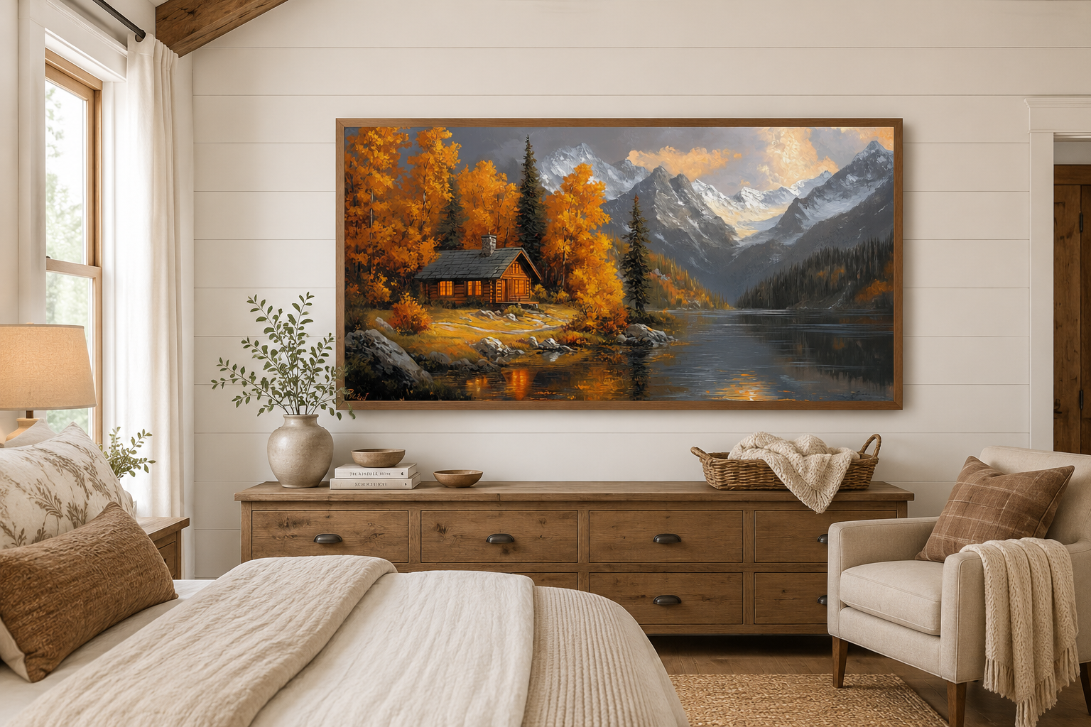 Mountain Cabin Wall Art – Rustic Cabin Canvas With Warm Autumn Colors