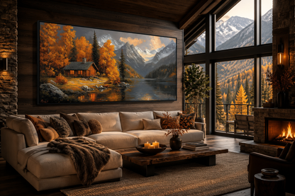 Mountain Cabin Wall Art – Rustic Cabin Canvas With Warm Autumn Colors
