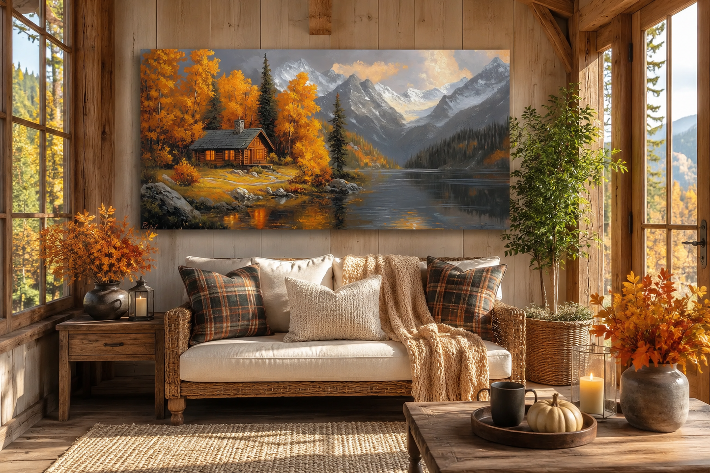 Mountain Cabin Wall Art – Rustic Cabin Canvas With Warm Autumn Colors