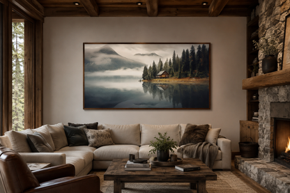 Mountain Cabin On The Lake Large Summer Landscape Framed Wall Art
