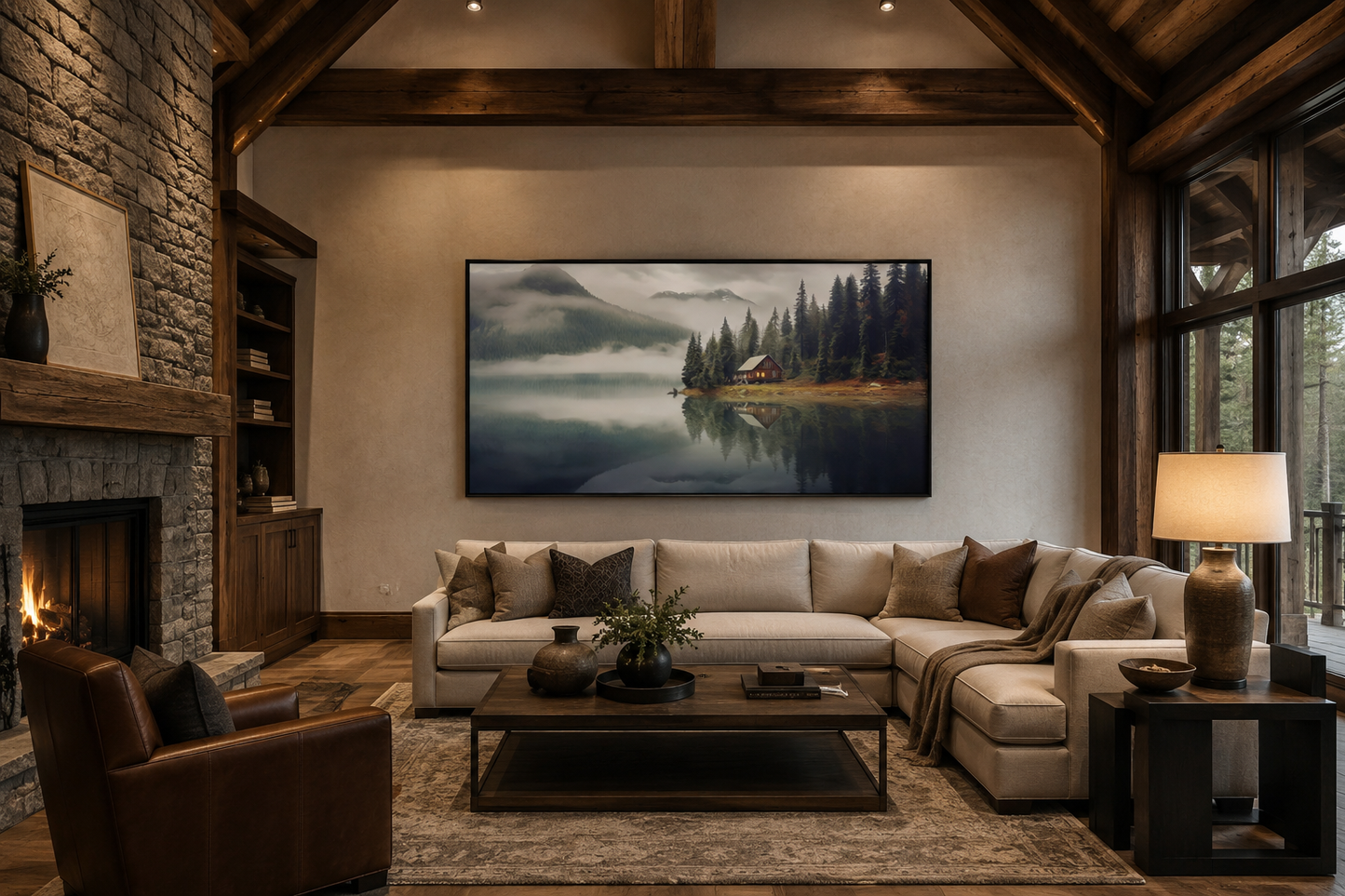 Mountain Cabin On The Lake Large Summer Landscape Framed Wall Art