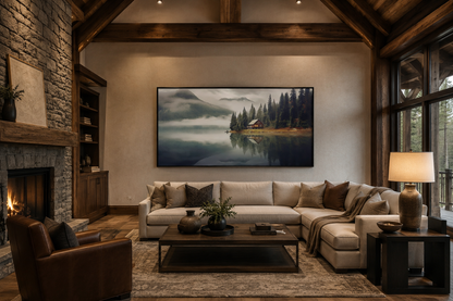 Mountain Cabin On The Lake Large Summer Landscape Framed Wall Art