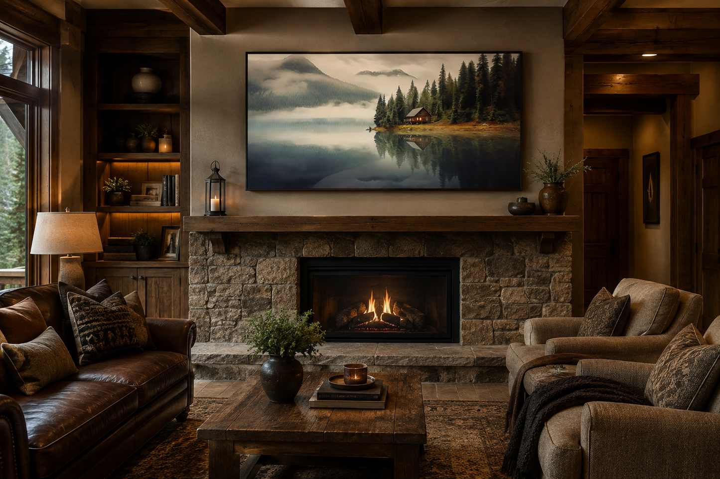 Mountain Cabin On The Lake Large Summer Landscape Framed Wall Art