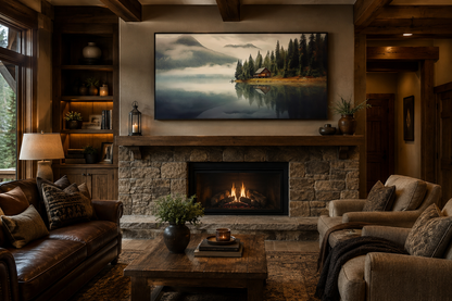 Mountain Cabin On The Lake Large Summer Landscape Framed Wall Art