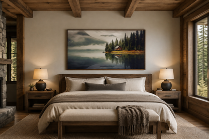 Mountain Cabin On The Lake Large Summer Landscape Framed Wall Art