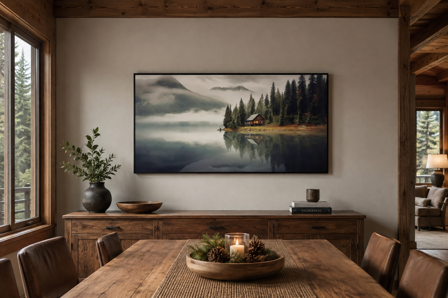 Mountain Cabin On The Lake Large Summer Landscape Framed Wall Art