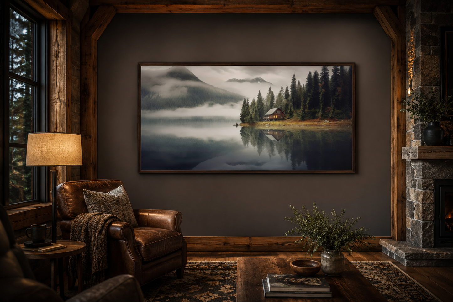 Mountain Cabin On The Lake Large Summer Landscape Framed Wall Art