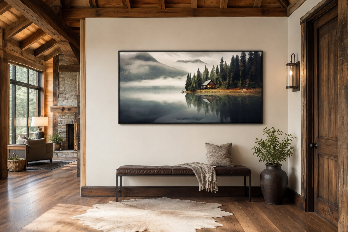 Mountain Cabin On The Lake Large Summer Landscape Framed Wall Art
