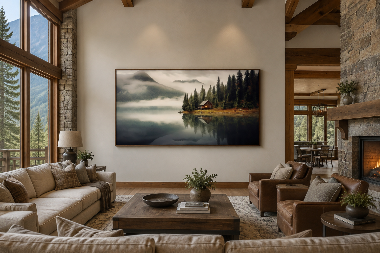 Mountain Cabin On The Lake Large Summer Landscape Framed Wall Art